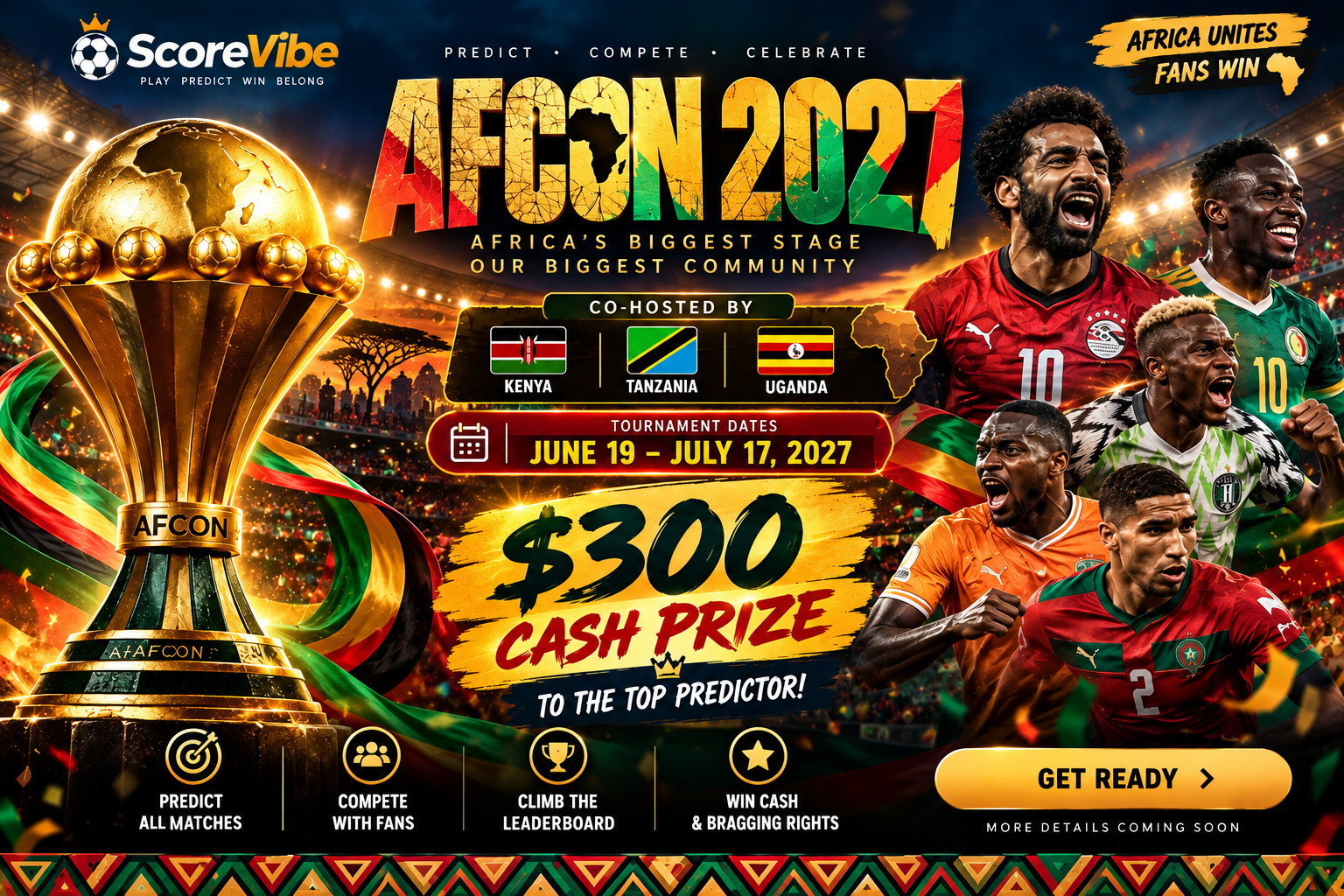 ScoreVibe AFCON 2027 teaser — co-hosted by Kenya, Tanzania and Uganda, June 19 to July 17, 2027, with a $300 cash prize